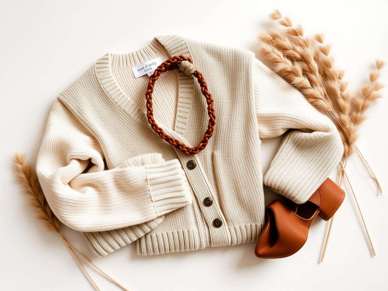 A cozy flat lay of cream sweaters, sage cardigan and warm brown accessories
